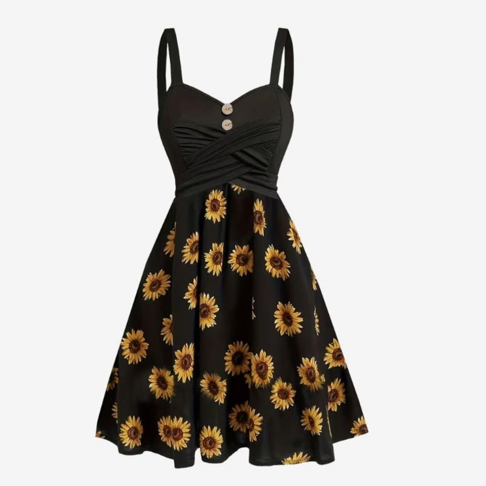 Black Sunflower Pattern Fit & Flare Sundress - Medium🌻